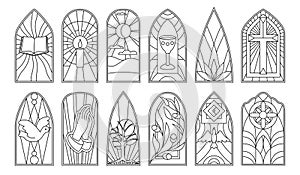 Stained glass vector outline icon set . Collection vector illustration window church on white background. Isolated outline icon