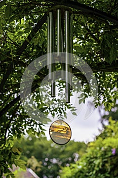 Stained glass wind chimes hanging from a tree in a garden