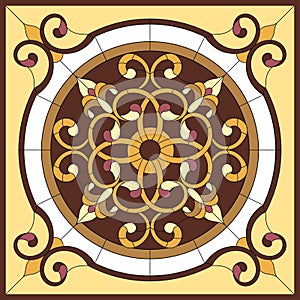 Stained glass window. Abstract Flower in square frame, geometric, window on the ceiling in square frame, symmetric composition, ve photo