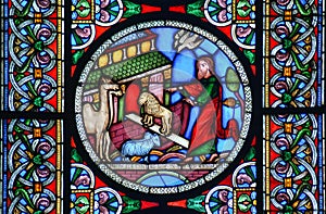 Stained glass window of the animals going into Noahs Ark