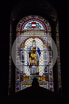 Stained glass window in the Basilica of St. Stephen in Budapest. Hungary