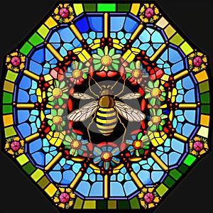 Stained glass window with bee. Generative AI