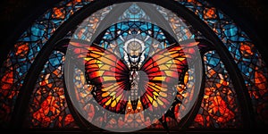 A stained glass window with a butterfly on it. Generative AI image.