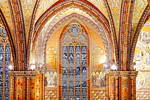 Stained glass window of the Church of the Assumption of the Buda Castle, more commonly known