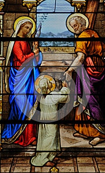 Stained glass window in the church of Houlgate in Normandy