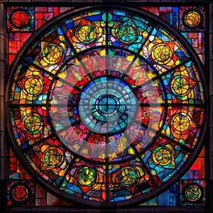 stained glass window circle pattern rainbow colorful poster background wall art.