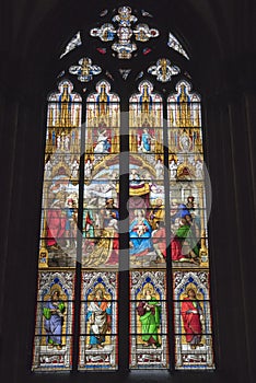 Stained Glass Window, Cologne, nativity scene, birth of Jesus Christ