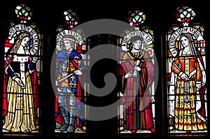 Stained Glass window depicting Henry VII, Elizabeth of York, Katherine Woodville and Jasper Tudor photo