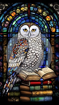 Stained glass window depicting an owl sitting on a book and reading