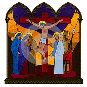 Stained glass window depicting the scene of the Crucifixion of Christ in a classic Gothic frame