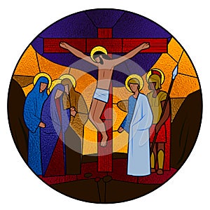 Stained glass window depicting the scene of the Crucifixion of Christ in a round frame