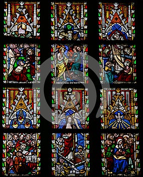 Stained glass window depicting Scenes in the Life of Jesus