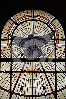 Stained glass window depicting a white dove