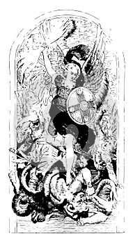 Stained Glass Window depicts St. Michael casting out the great red dragon, vintage engraving