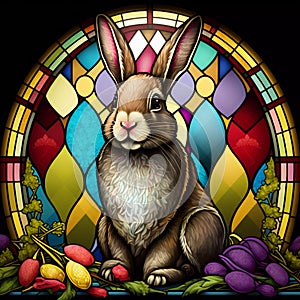 Stained glass window with Easter bunny. Easter rabbit stain glass window