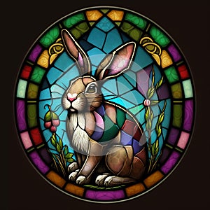 Stained glass window with Easter bunny. Easter rabbit stain glass window