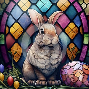 Stained glass window with Easter bunny. Easter rabbit stain glass window