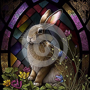 Stained glass window with Easter bunny. Easter rabbit stain glass window