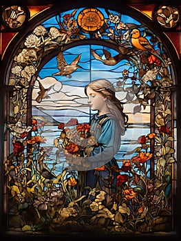 Stained glass window with a girl