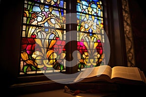 stained glass window illuminating an antique scripture