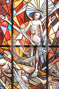 Stained glass window of Jesus Christ crucified
