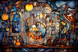 A stained glass window with a lamp on it, AI