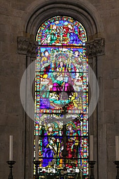 Stained glass window of Lucca Cathedral. Mosaic window of Cattedrale di San Martino. Tuscany. Italy.