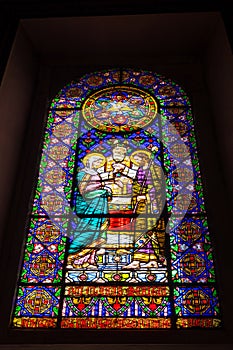 Stained glass window, Montserrat monastery on mountain in Barcelona, Catalonia.