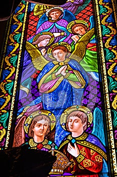 Stained glass window, Montserrat monastery on mountain in Barcelona, Catalonia