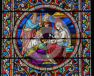 Stained glass window nativity scene