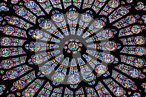 Stained glass window of Notre Dame Cathedral in Paris