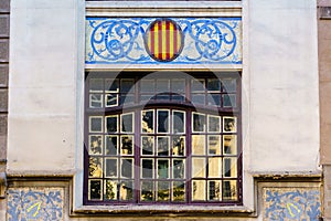 Stained glass window of the old pharmacy of Doctor GenovÃÂ©, architect Enric Sagnier in Rambla de Barcelona, Spain photo