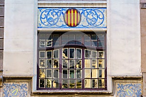 Stained glass window of the old pharmacy of Doctor GenovÃ©, architect Enric Sagnier in Rambla de Barcelona, Spain