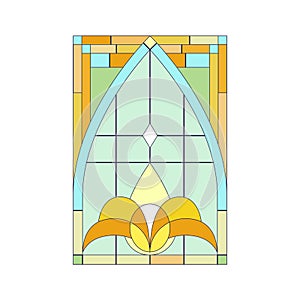 Stained glass window of rectangular shape with arch and colorful mosaic pattern inside frame