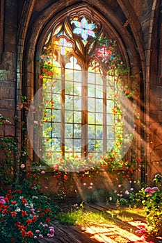 Stained glass window in room with flowers at its base and sunlight streaming through it. Generative AI