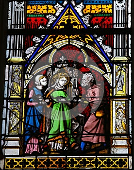 Stained glass window in Rouen Cathedral, France