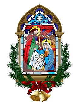 Stained glass window of the scene of the birth of Jesus Christ in a classic Gothic frame framed by spruce branches with bells