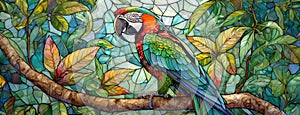 Stained glass window showcasing a colorful parrot amidst lush foliage. Crafted with vibrant hues, the artwork reflects