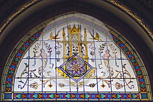 Stained glass window in St Stephen's cathedral, Budapest, Hungary