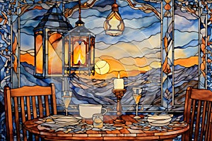 A stained glass window with a table and chairs, AI