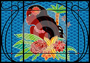 Stained glass window on the theme of Thailand and Oceania. Beautiful girl and flowers on the background of the decorative sea