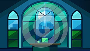 A stained glass window in a thes office featuring shades of blue and green to promote a sense of calm and balance