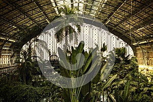 Stained glass window and tropical garden at Atocha station, Madrid. Front view