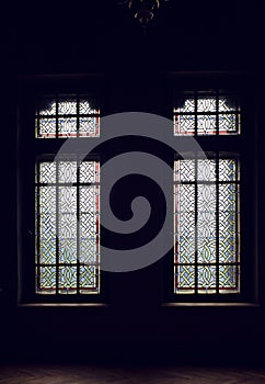 Stained glass on windows in Cantacuzino castle, Prahova county,