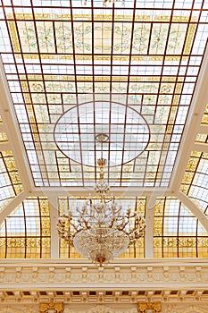 Stained Glass Windows Ceiling with Gold Chandelier