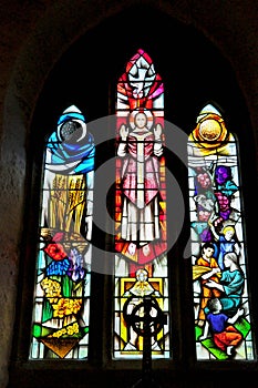 Stained Glass Windows, Church of Saint Materiana at Tintagel, Cornwall, England, UK