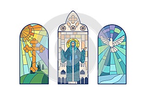 Stained Glass Windows Depict Cross, Saint Mary And White Dove. Intricate Patterns And Vibrant Colors Vector Illustration