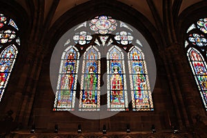 stained-glass windows in a gothic cathedral (notre-dame) in strasbourg in alsace (france)