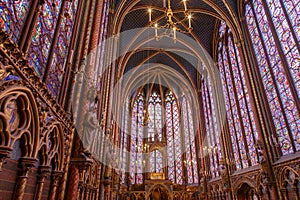 Stained glass windows inside the Sainte Chapelle a royal Medieval chapel in Paris, France