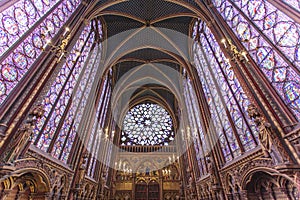 Stained glass windows inside the Sainte Chapelle a royal Medieval chapel in Paris, France